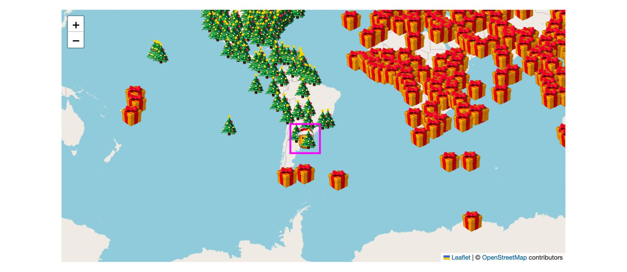 Santa covered by a tree icon on the map