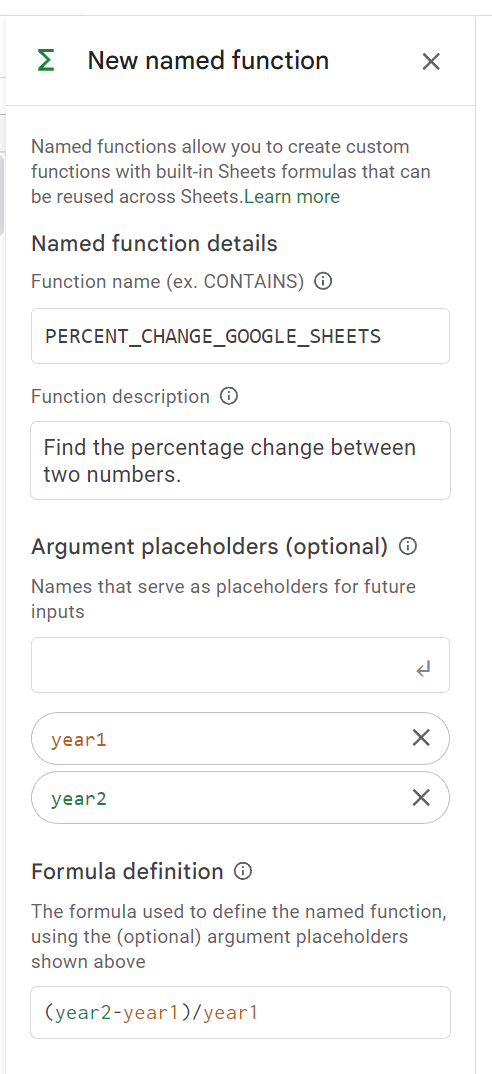 Screenshot of naming a custom function in Google Sheets