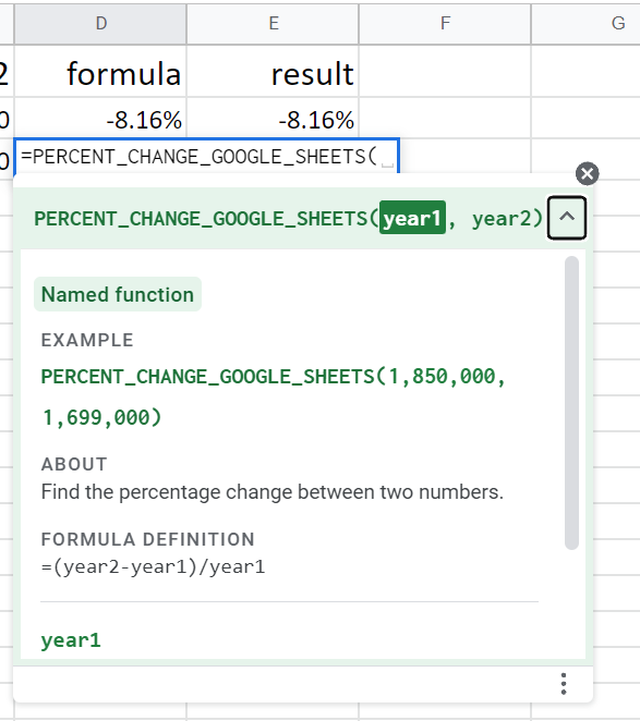 Screenshot of using a custom function in Google Sheets