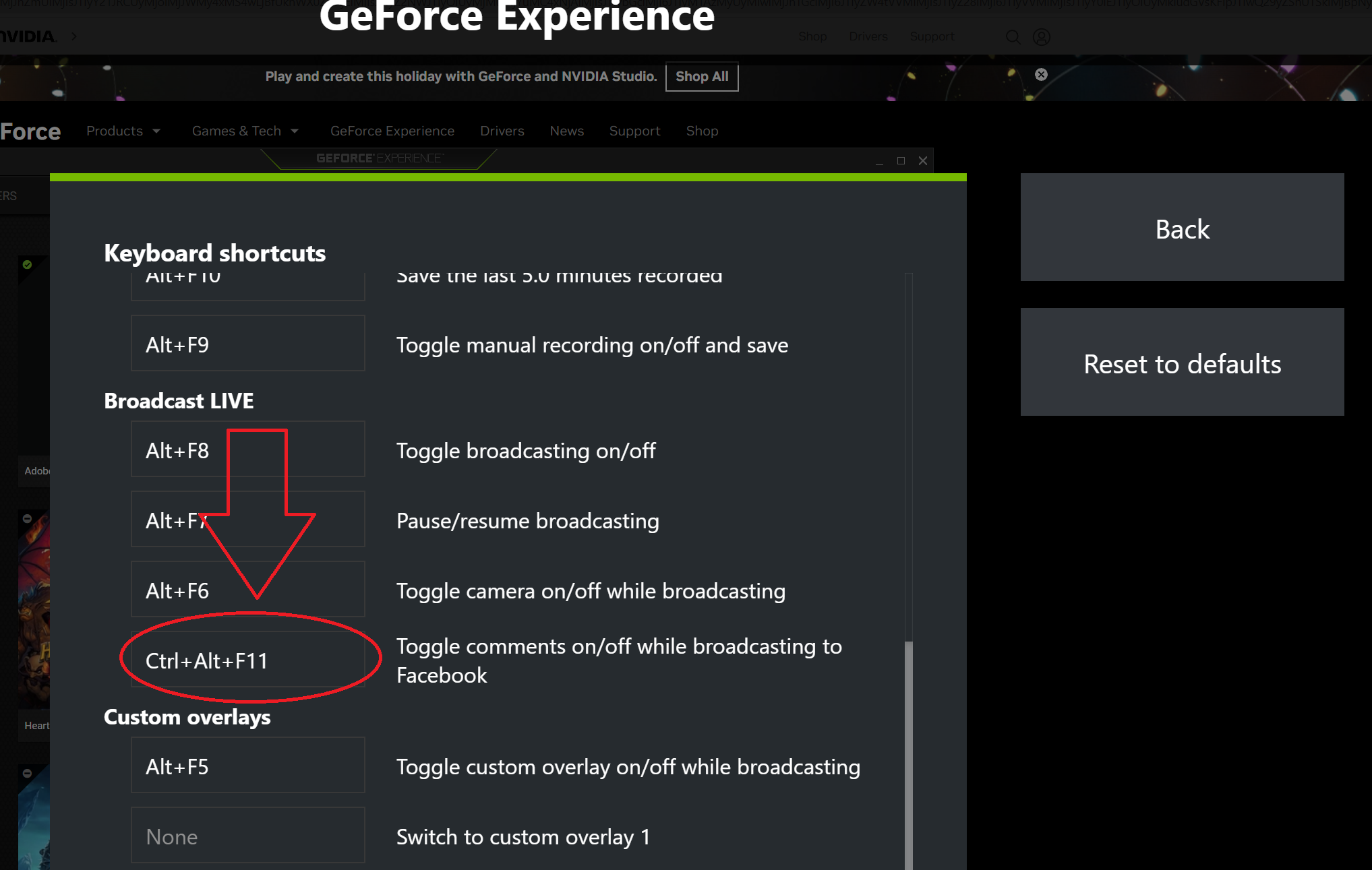 screenshot of GeForce Experience settings