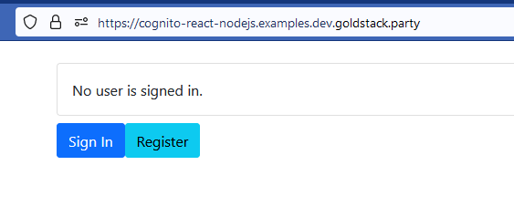 Screenshot of example application with Sign in and Register buttons