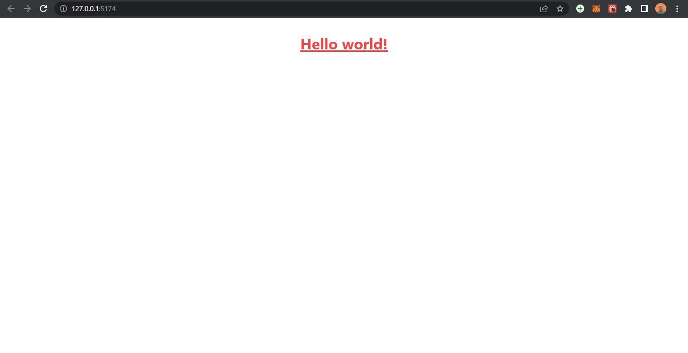Screenshot of the webpage after add the h1 element, showing Hello World with tailwind CSS styles applied.
