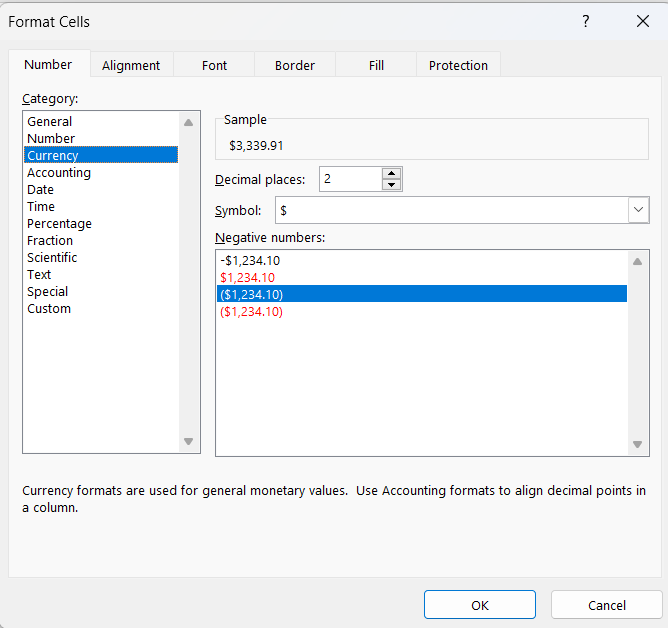 Format cells menu in Excel
