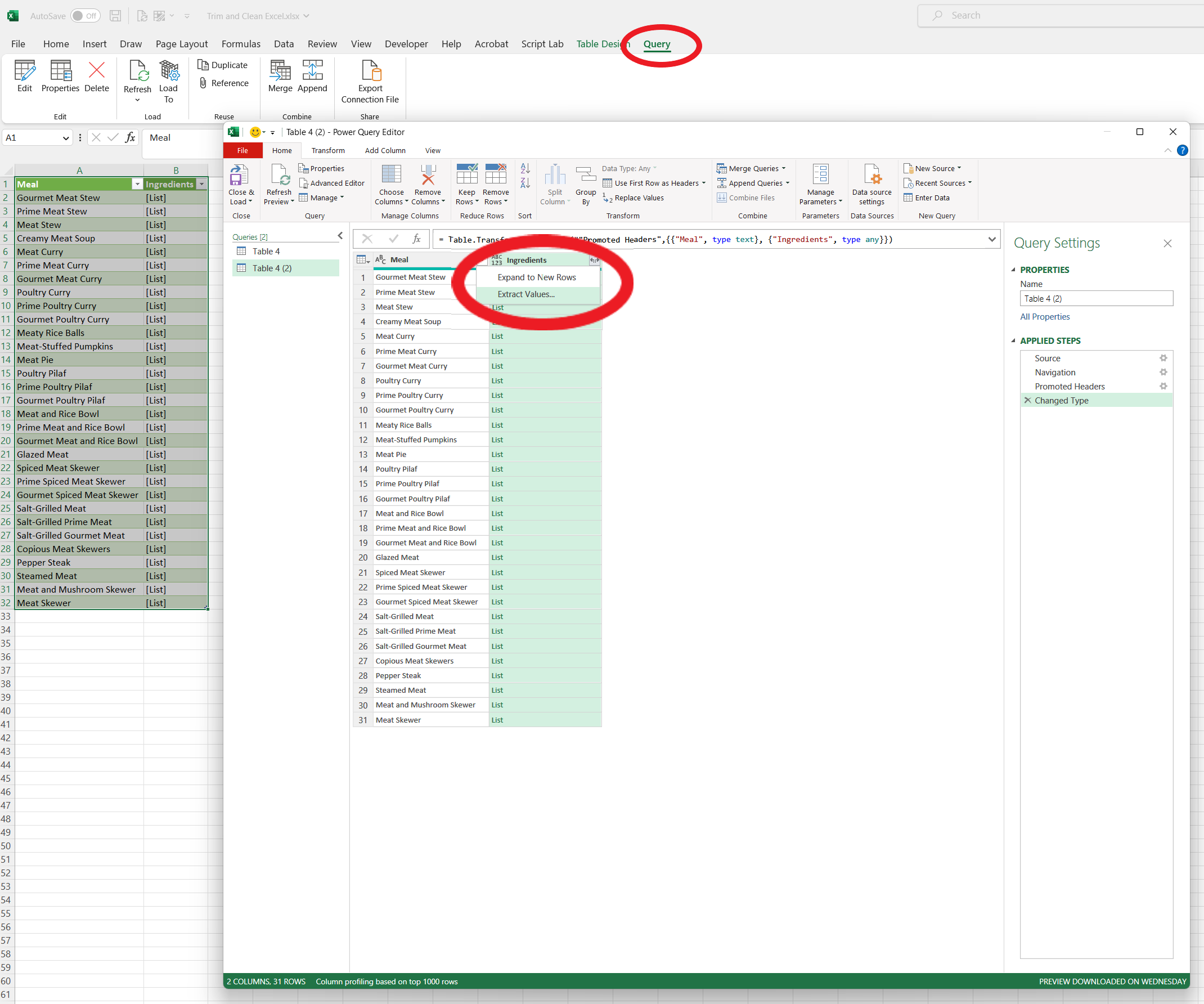 Screenshot of Excel Power Query menu