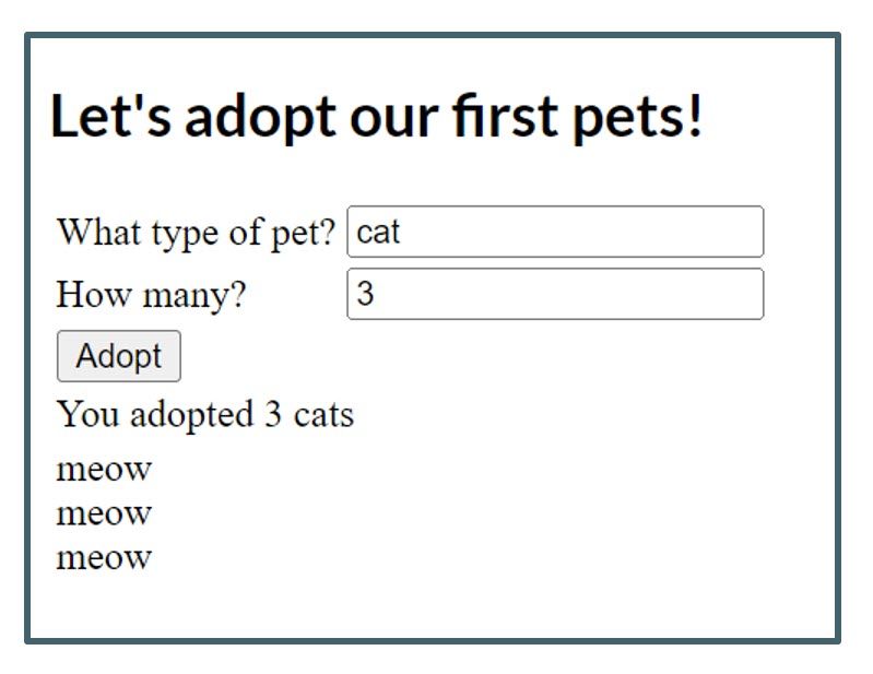 Screen shot of a web page that asks for the type of pet (cat) and how many (3), then displays "meow" three times.