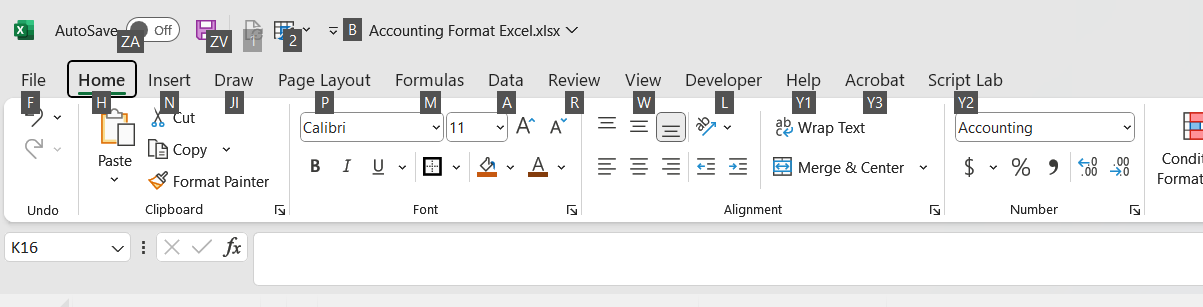 Excel screenshot of ALT keyboard combo letters in Ribbon