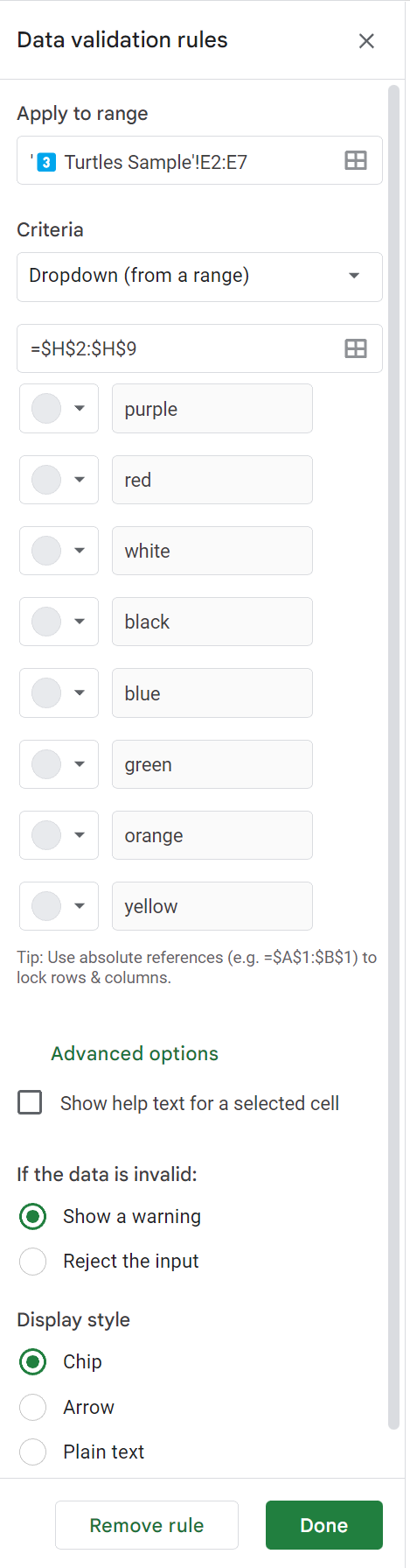 Screenshot of Google Sheets' data validation options menu