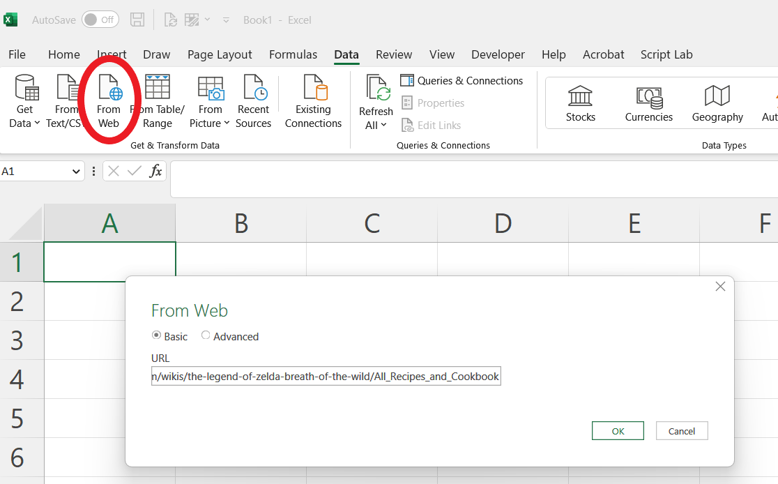screenshot of data import from web in Excel