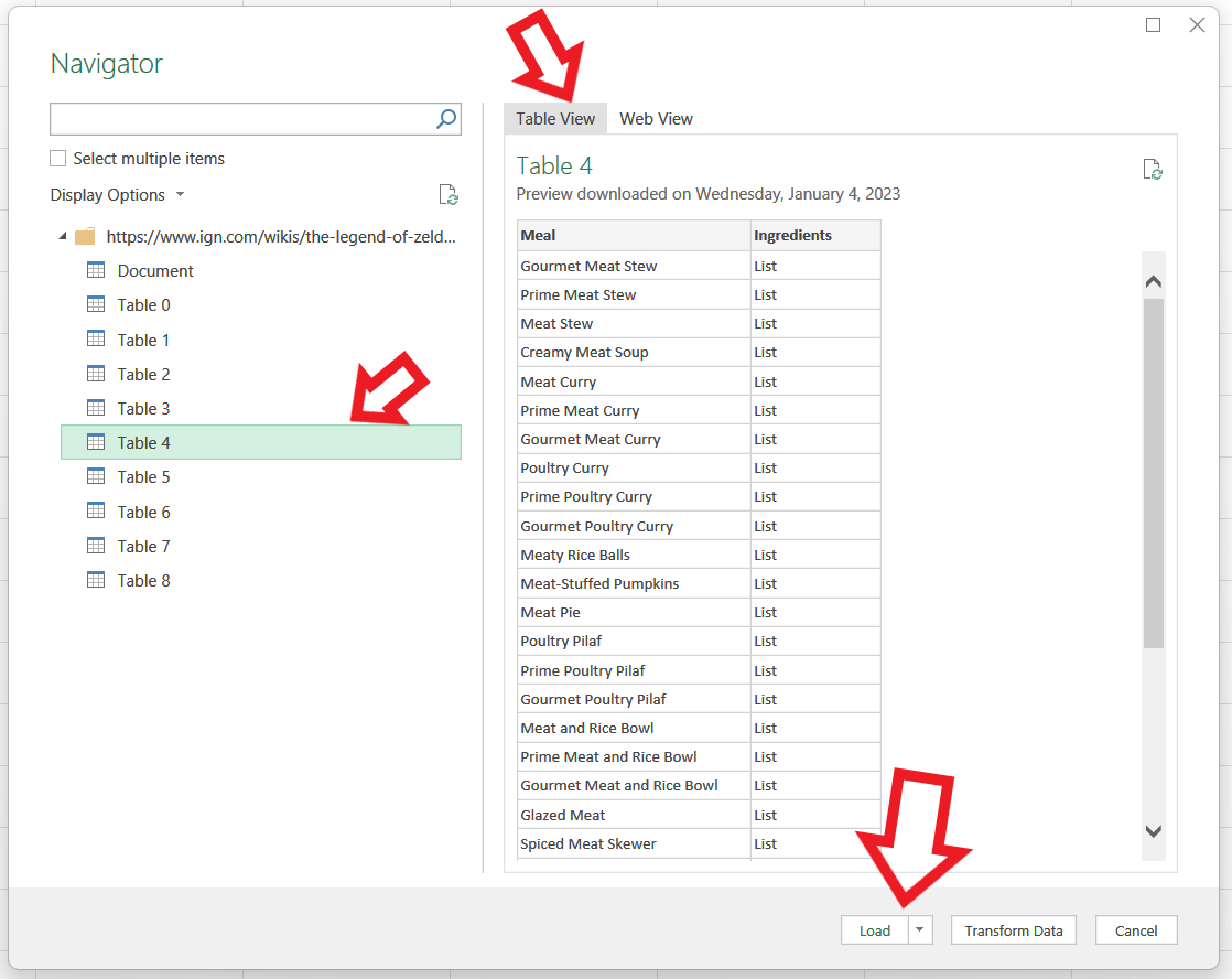 Excel data import navigator window screenshot