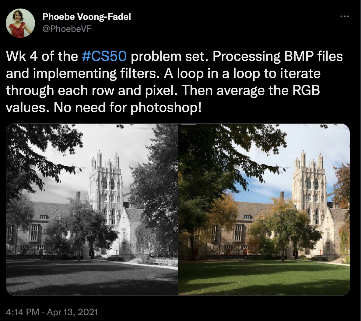 Screenshot of tweet with an image of a church that is colour. Next to it an image of the same church in grayscale