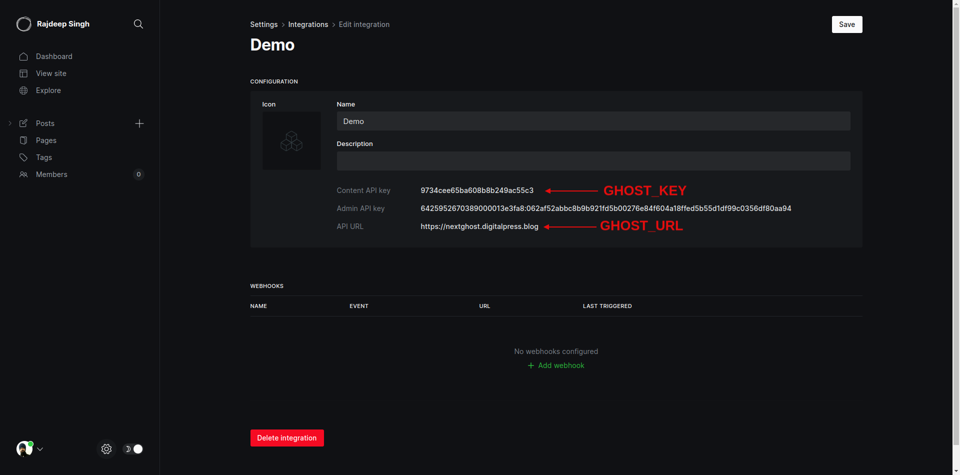 Get your Ghost_Key and Ghost_URL