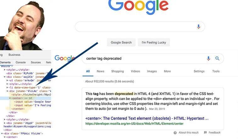 Screenshot pointing to the <center> tag, a deprecated HTML element from the Google search's code. 