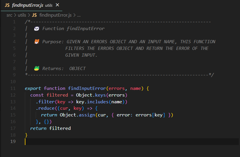 JavaScript function named 'findInputErrors' displayed in Visual Studio Code.
