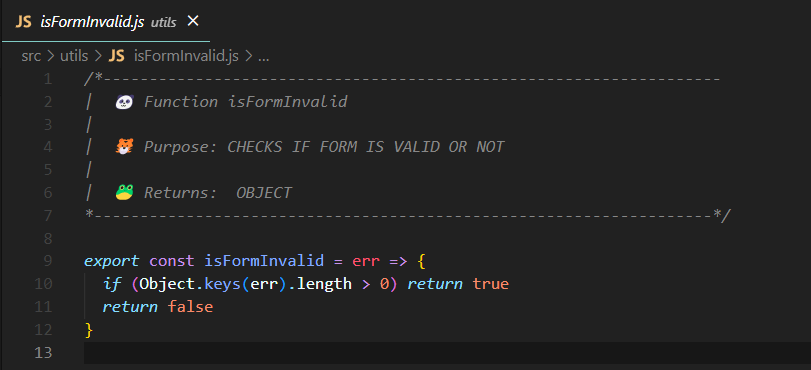 JavaScript function named 'isFormInvalid' displayed in Visual Studio Code.