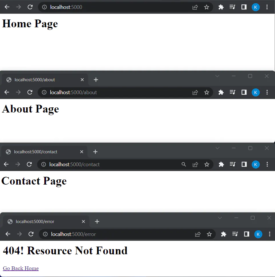Image of the different HTML responses the server provides upon visiting different URL's