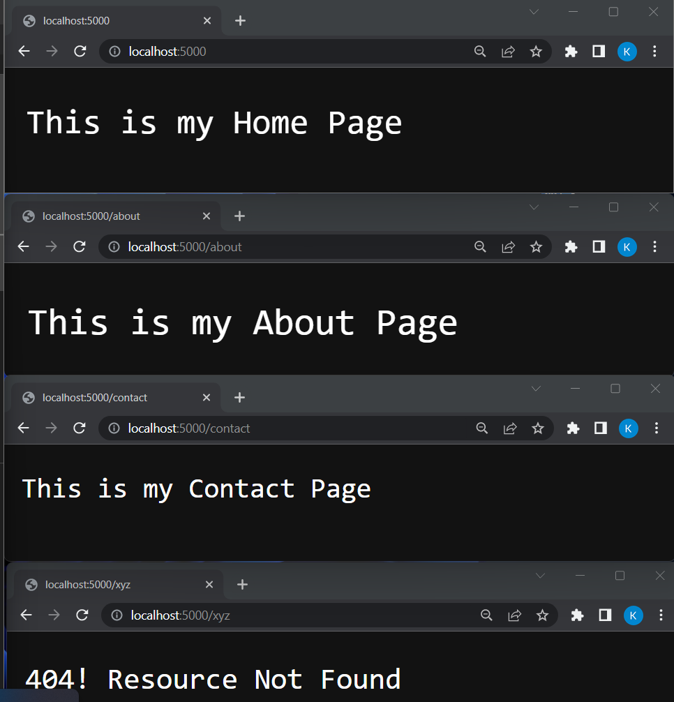 Image of the different responses the server provides upon visiting different URL's