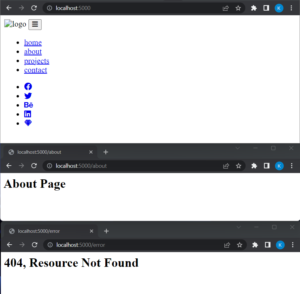 Image of the different HTML responses the server sends upon visiting different URL's. Here we see only the HTML Structure of the navbar, the CSS, Logo and JS is missing