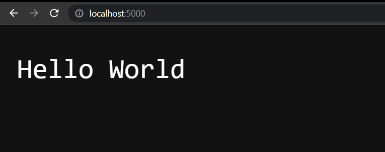 Image of what the web browser displays when I visit localhost:5000 -> Hello World Message