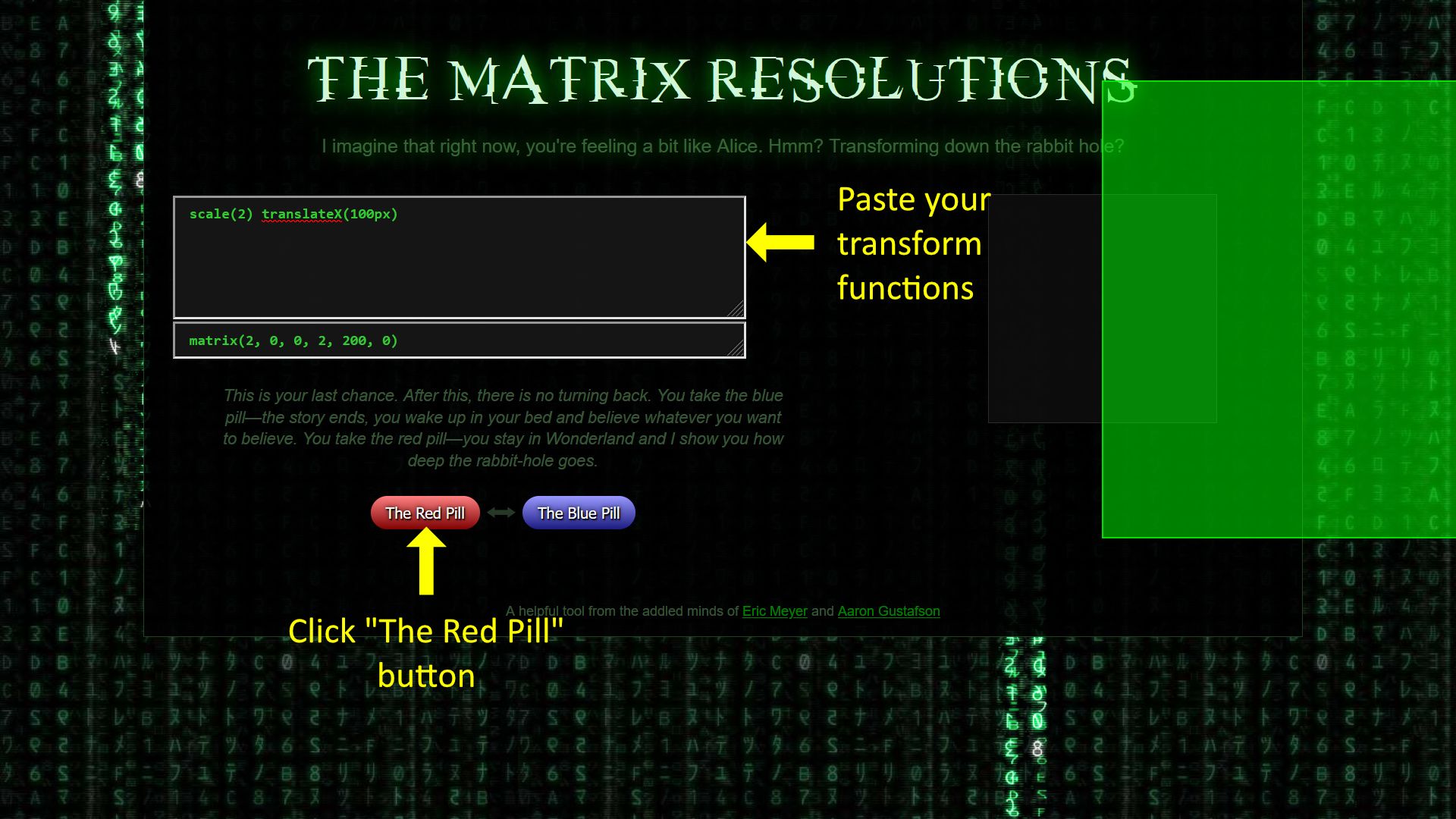 The matrix resolutions tool's screenshot