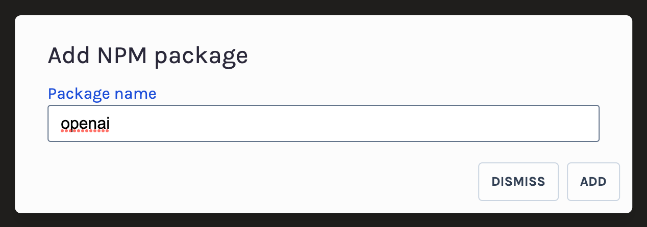 The Add NPM package dialogue box