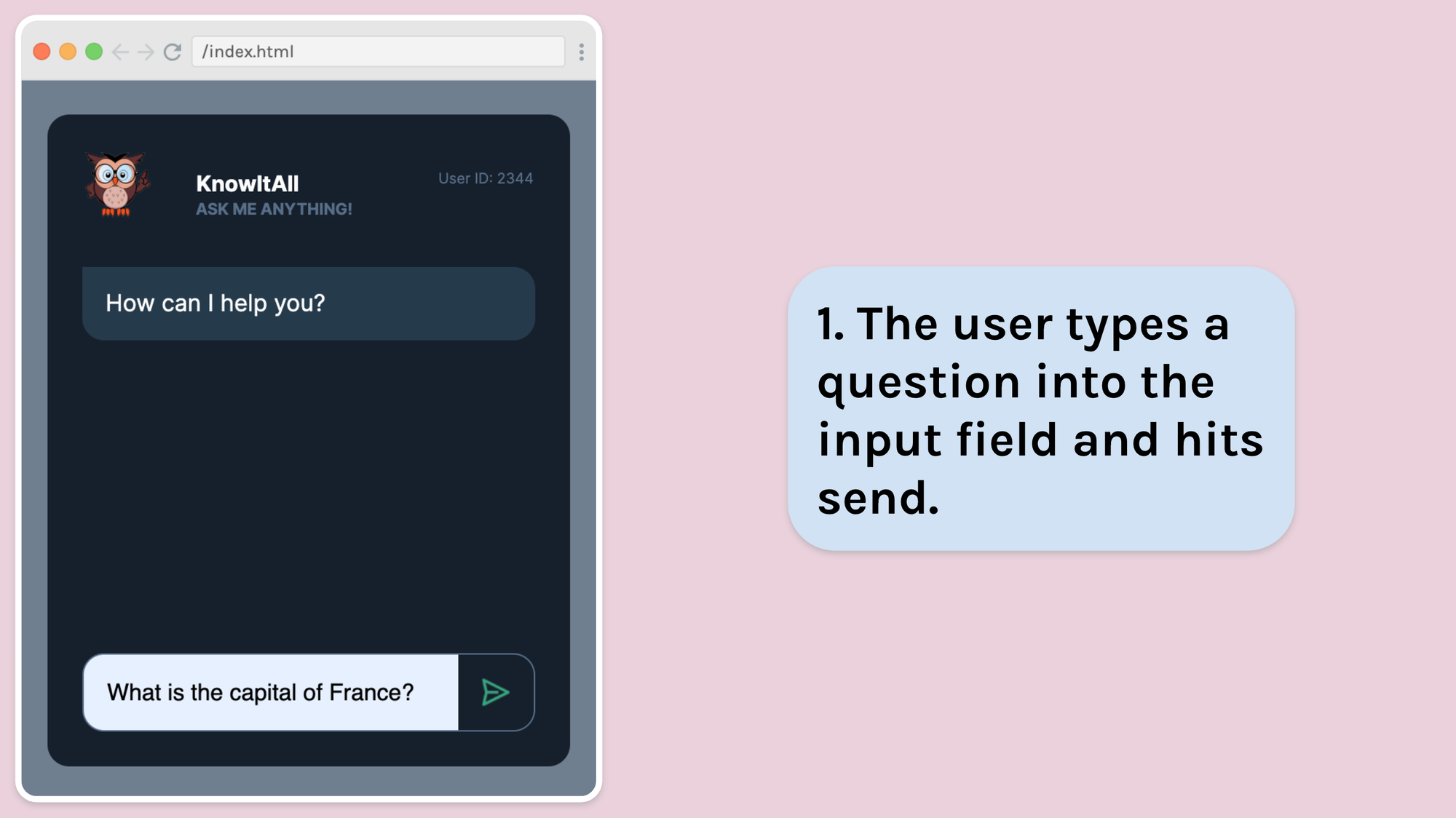 1. The user types a question into the input field and hits send.