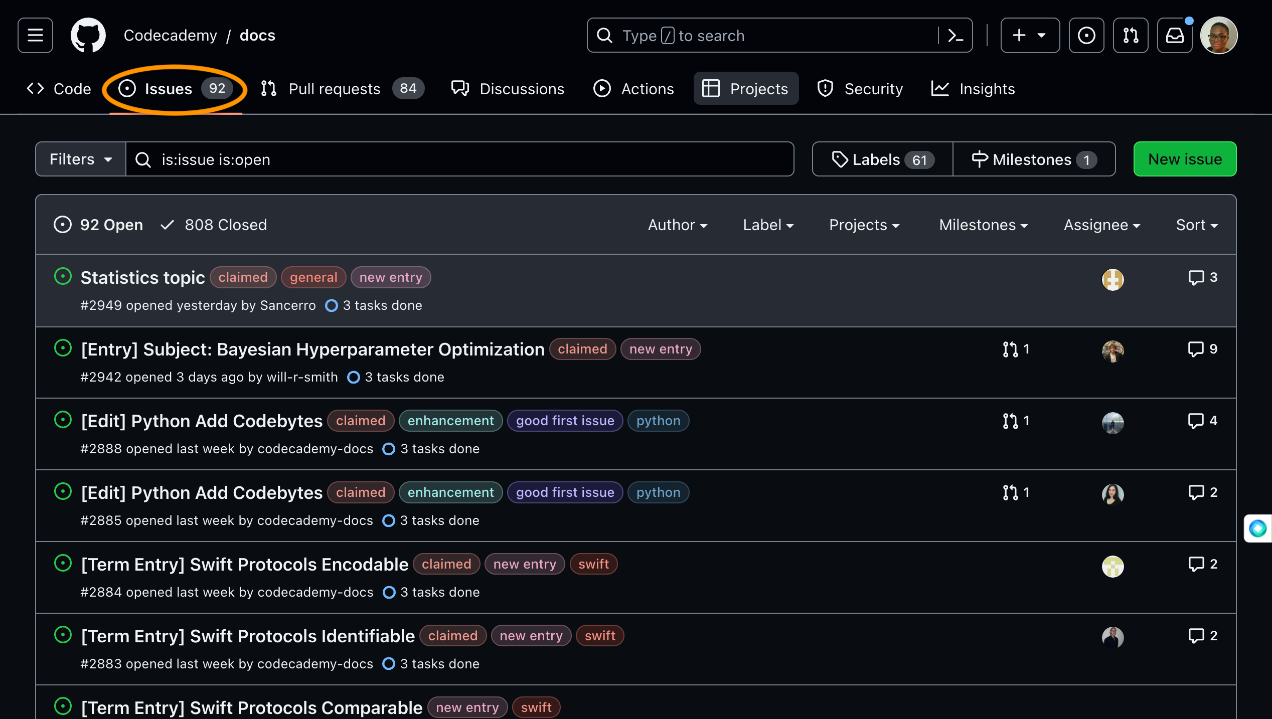 In a screenshot of Codecademy's Docs repo in dark mode, an orange oval encompasses the Issues tab. 
