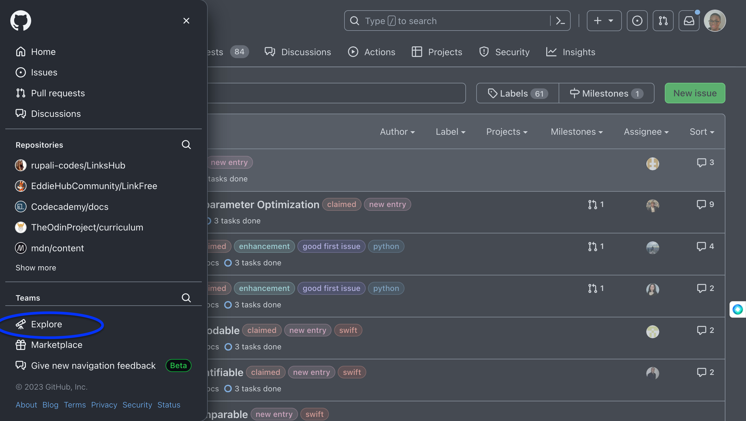 In this screenshot, you see the Github navigation bar with the Explore column being circled by a blue oval.