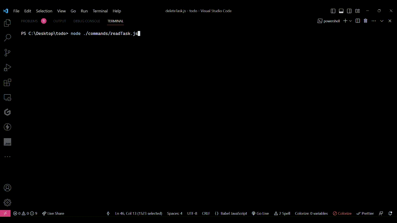 GIF showing the output which is displayed in the terminal as a result of running the `deleteTask.js` file