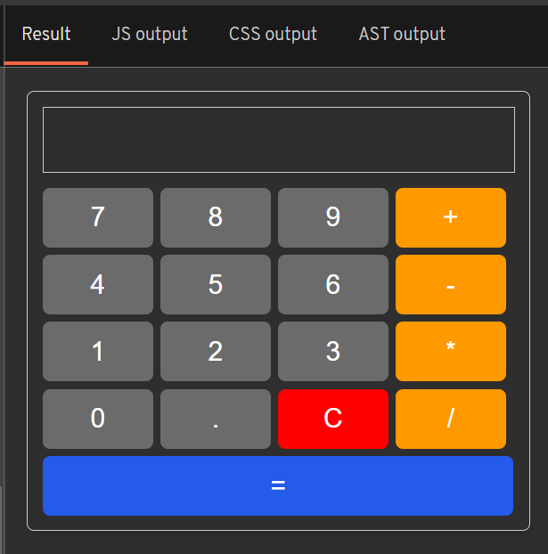 Image showing the calculator ui, with an orange colour giving to the aritmetic buttons, red to the clear button and blue to the equal sign button. The equal sign button is also extended to fill up the space shown earlier