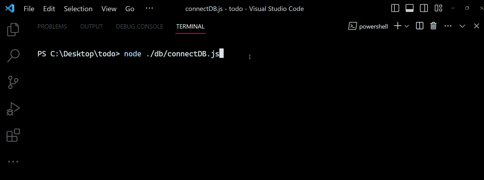 GIF showing the output messages shown in the terminal when the connectDB.js file is executed