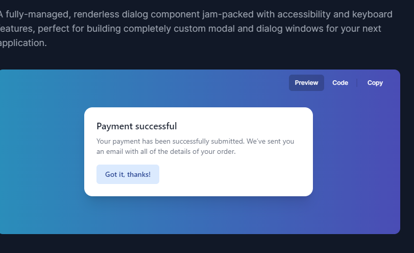 A modal postioned at the center with a blue and purple gradient overlay to show how the headless ui components work