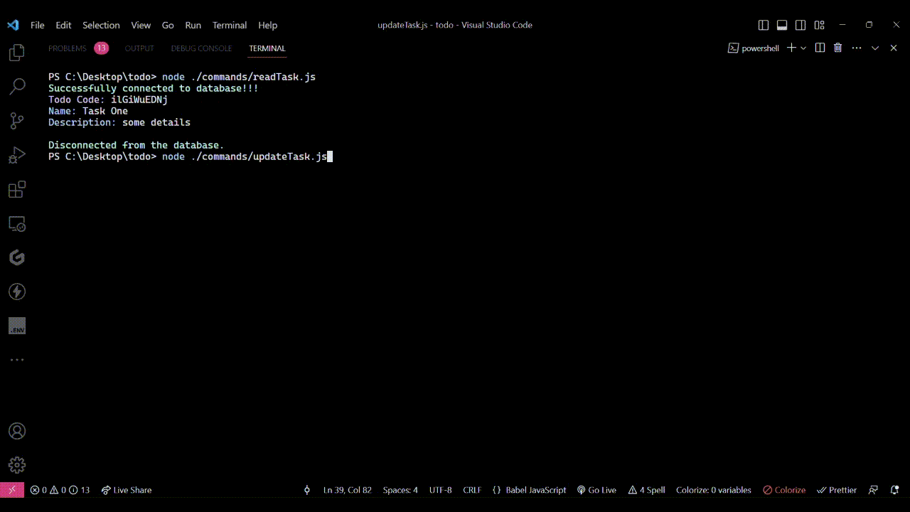 GIF showing the output which is displayed in the terminal as a result of running the `updateTask.js` file