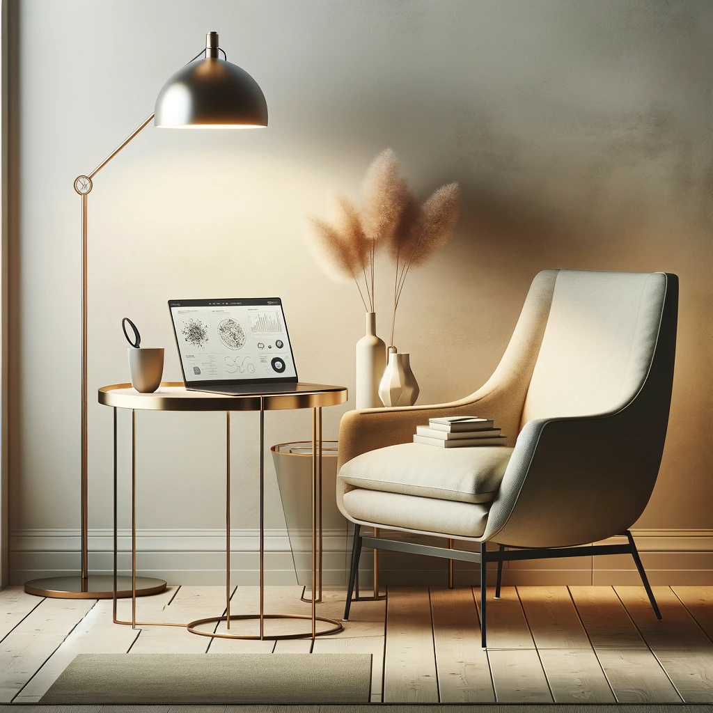 DALL-E-2023-11-18-21.07.29---An-image-of-a-cozy-corner-in-a-minimalistic-office.-This-scene-includes-a-modern--minimalist-armchair-and-a-small--elegant-coffee-table.-On-the-table-