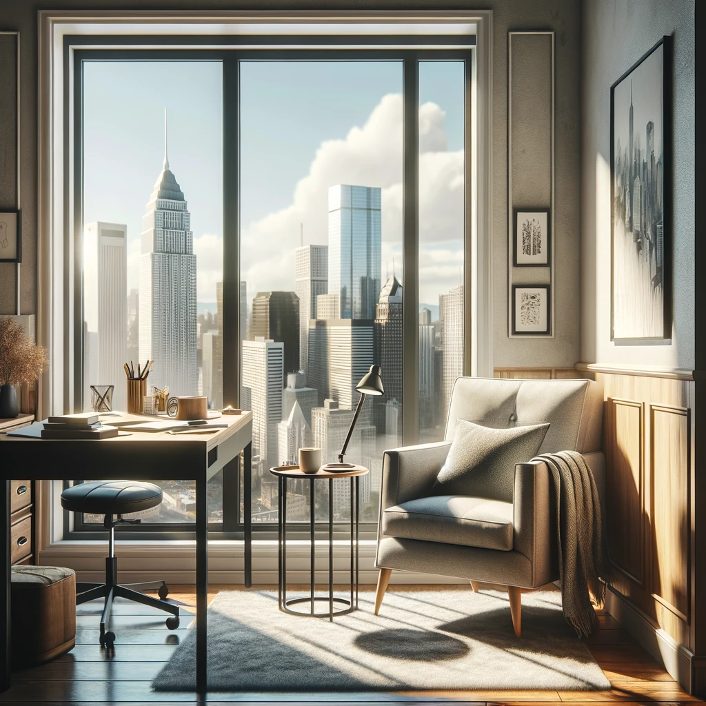 DALL-E-2023-11-18-21.10.39---A-realistic-depiction-of-a-cozy-office-corner-by-a-large-window-overlooking-a-bustling-city.-The-scene-features-a-comfortable-armchair-and-a-small-sid