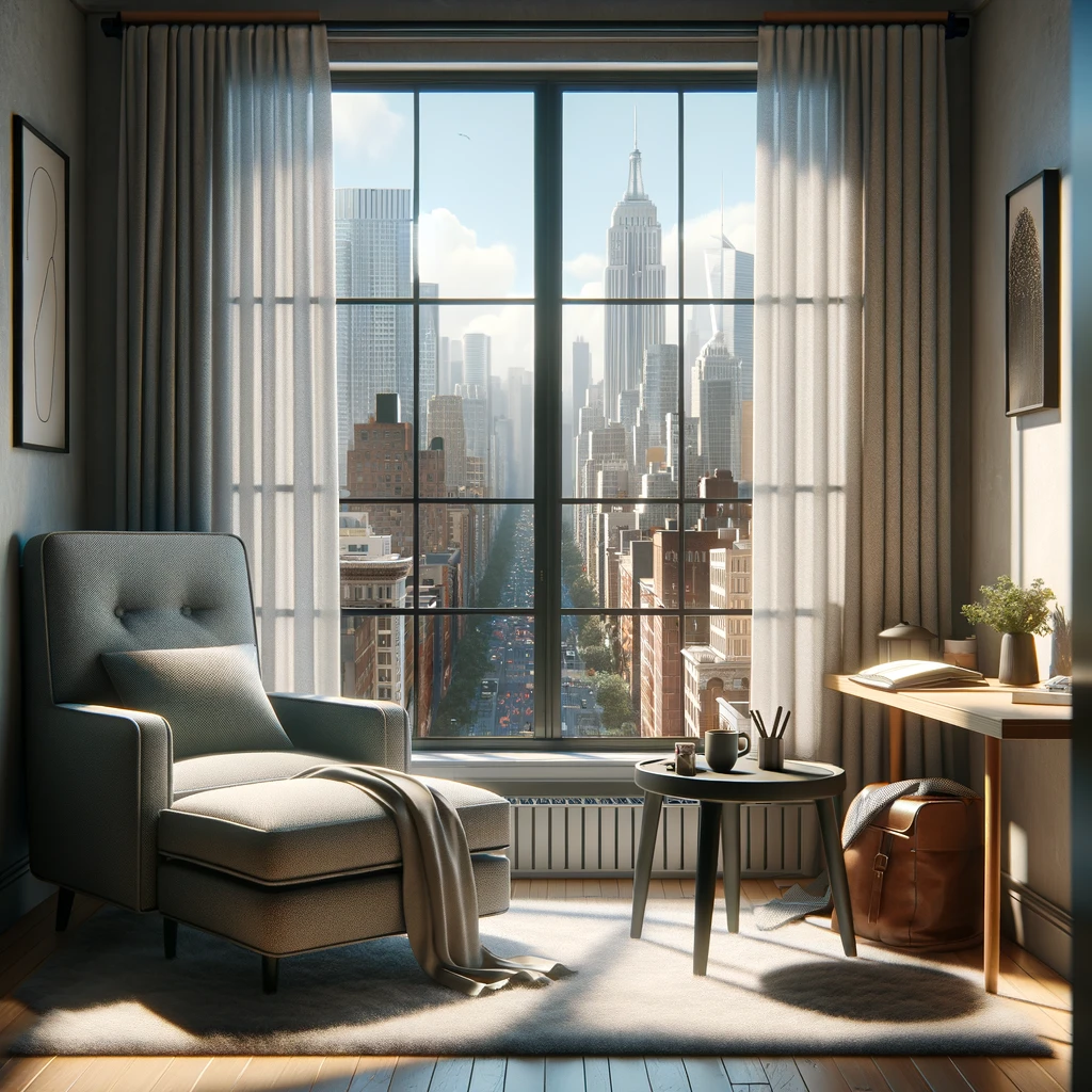 DALL-E-2023-11-18-21.10.45---A-realistic-depiction-of-a-cozy-office-corner-by-a-large-window-overlooking-a-bustling-city.-The-scene-features-a-comfortable-armchair-and-a-small-sid