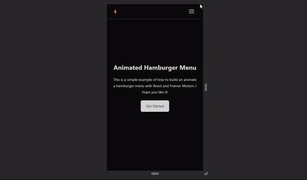 A screen recording which displays a fully animated mobile menu. On large screen devices, the routes will be displayed normally as an urdorder list, but in small screen devices, you will see a hamburger icon. Once you click on the hamburger icon, you will be able to see the animated mobile menu items