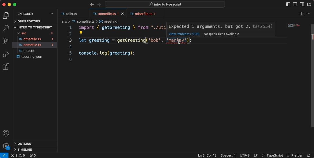 VS Code with another TypeScript file calling our previously defined function. As we update the function call from the previous two-argument signature to our new one, TypeScript gives relevant errors if we make mistakes.