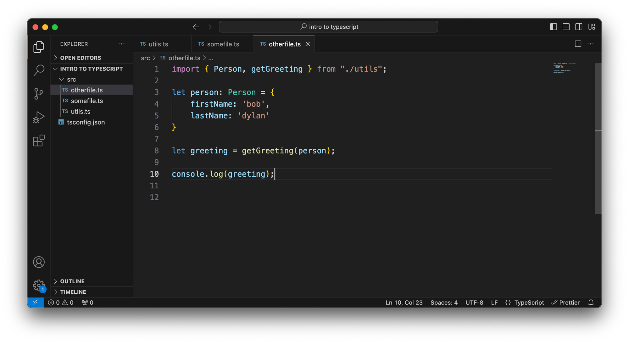 VS Code with yet another TypeScript file calling our previously defined function. This time we don't inline the function argument, but create a new variable for it. When setting the type of this argument, we reuse the previously defined 'Person' type.