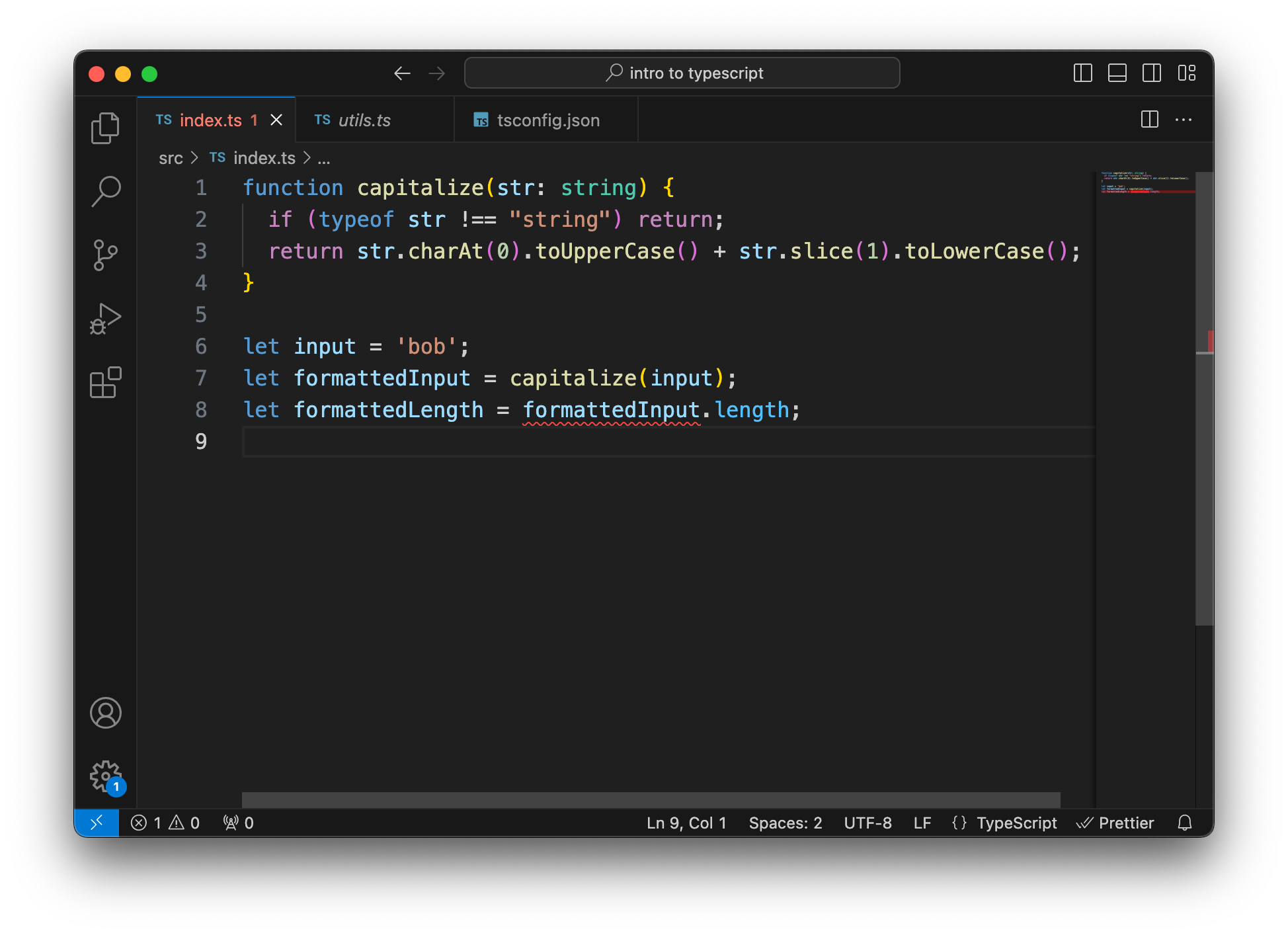 VS Code with the same TypeScript file as before. Except we set the type of the function argument to string.