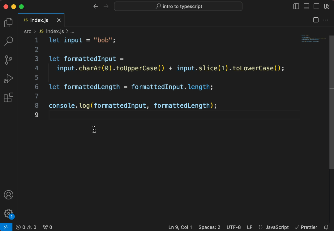 Screen recording of VS Code with a simple JavaScript code. In the code we define an 'input' variable, capitalize it, and then get the length of the capitalized variable. The recording shows, that when you hover over the used functions like charAt and toUpperCase functions, their signature is revealed. 