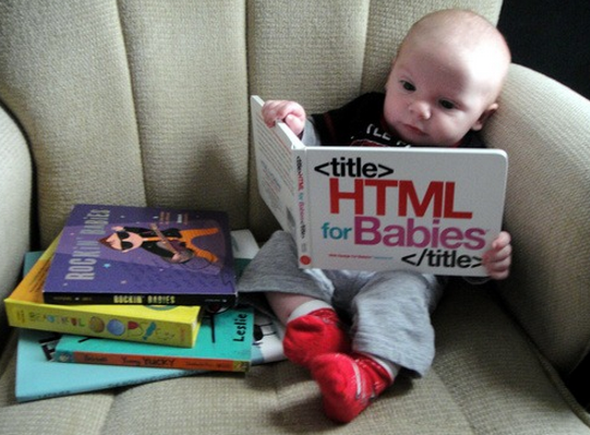 a baby reading a book named "HTML for Babies"