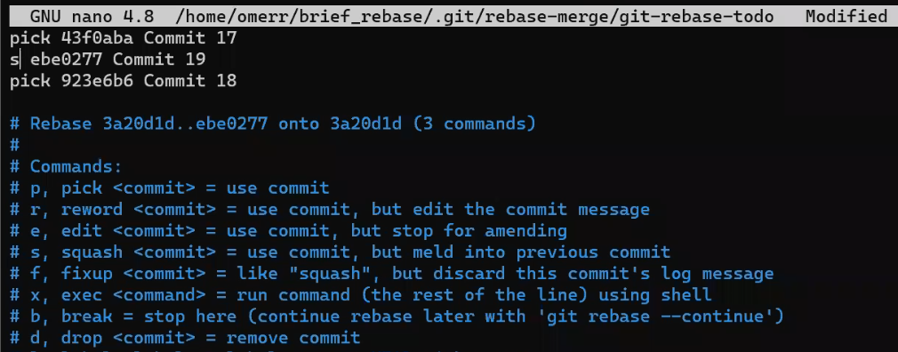 Interactive rebase - changing the order of commit and squashing