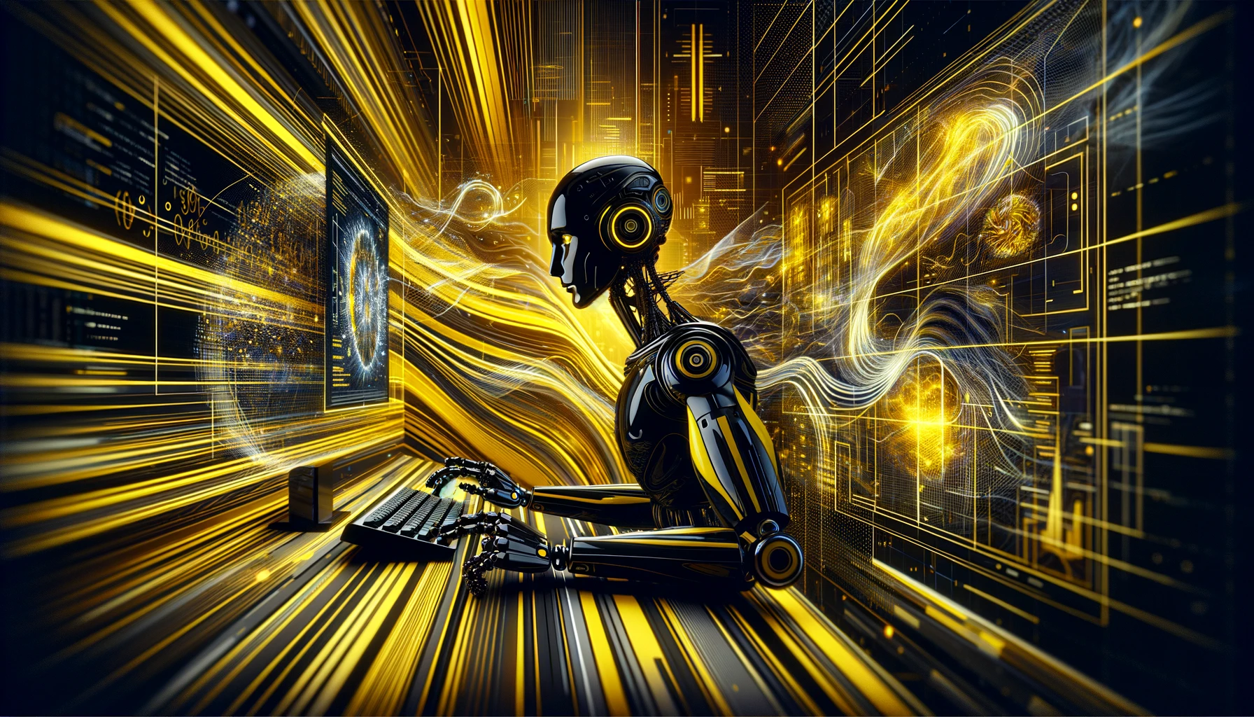DALL-E-2024-01-19-22.49.45---A-hyper-stylized-artistic-representation-of-artificial-intelligence-and-programming--featuring-a-striking-yellow-and-black-color-scheme.-The-scene-is-