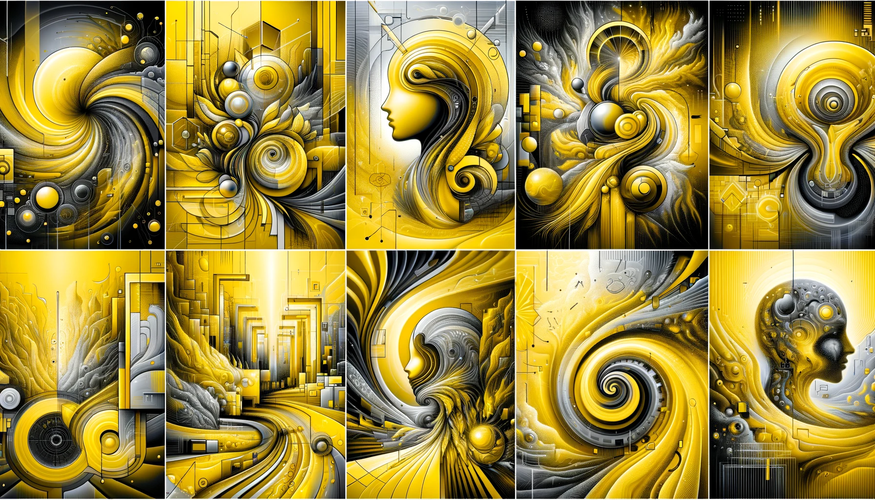 DALL-E-2024-01-19-23.03.15---A-series-of-hyper-stylized-artistic-representations--each-featuring-a-dominant-yellow-color-theme-and-blending-abstract-art-with-futuristic-concepts.-