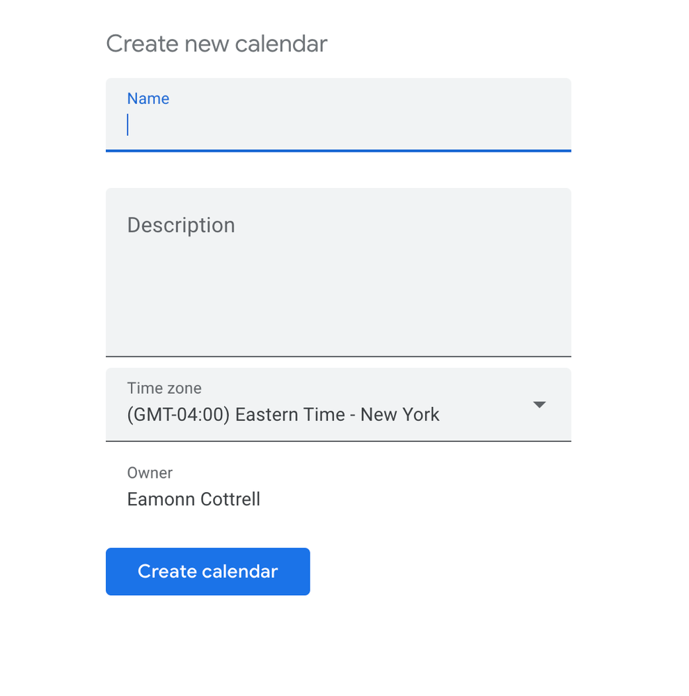 Screenshot of creating a new calendar