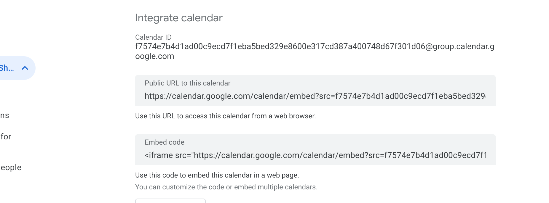 Screenshot of calendar ID