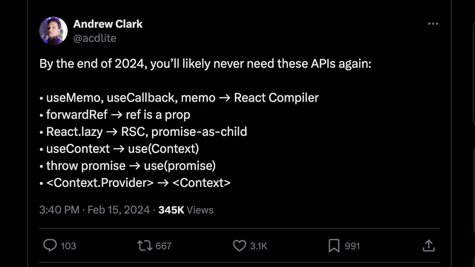 Andrew clark tweet on upcoming ReactJS19 new features