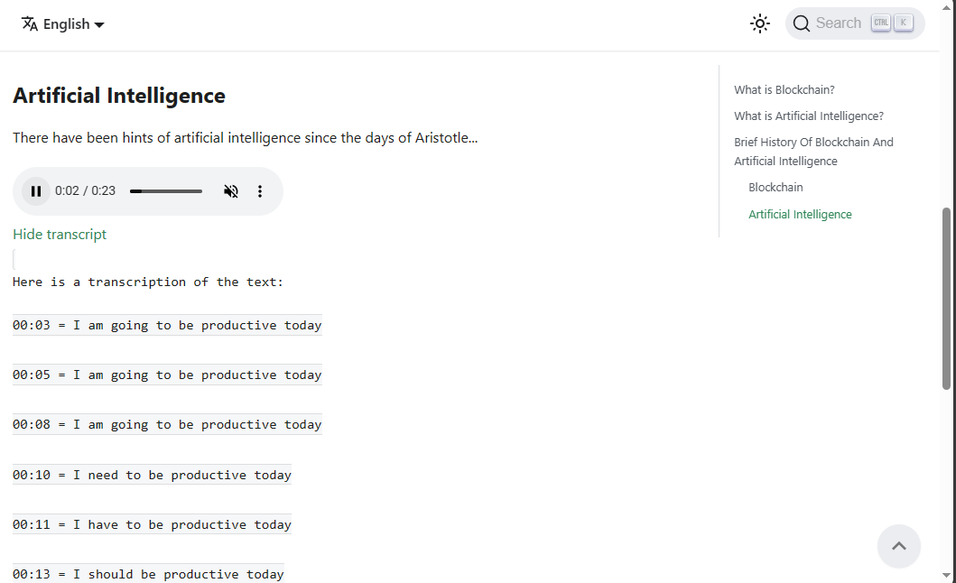 A screenshot of the audio transcript output on a documentation site
