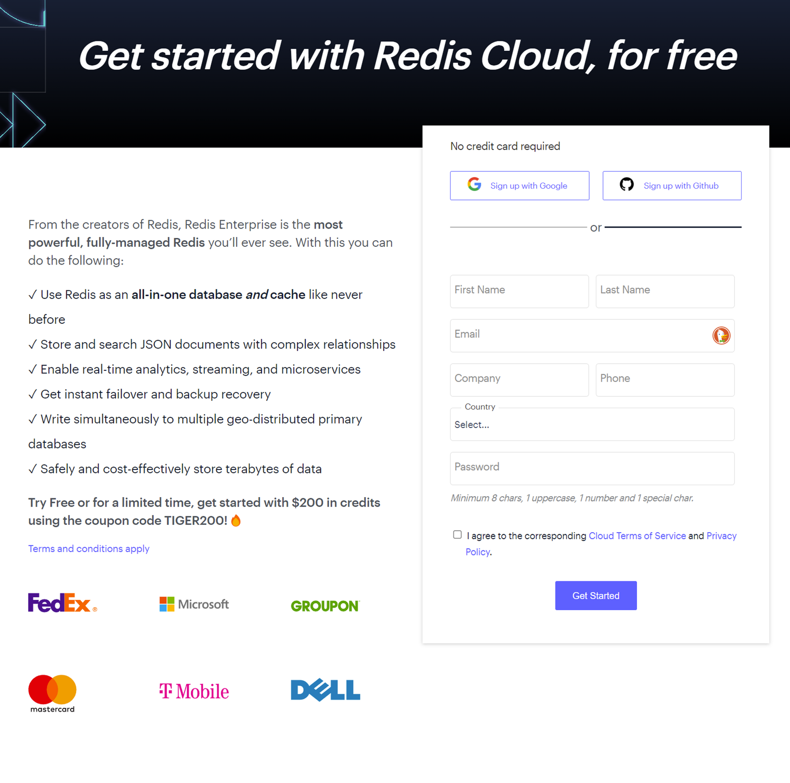 Страница регистрации/входа в систему Redis Enterprise Cloud
