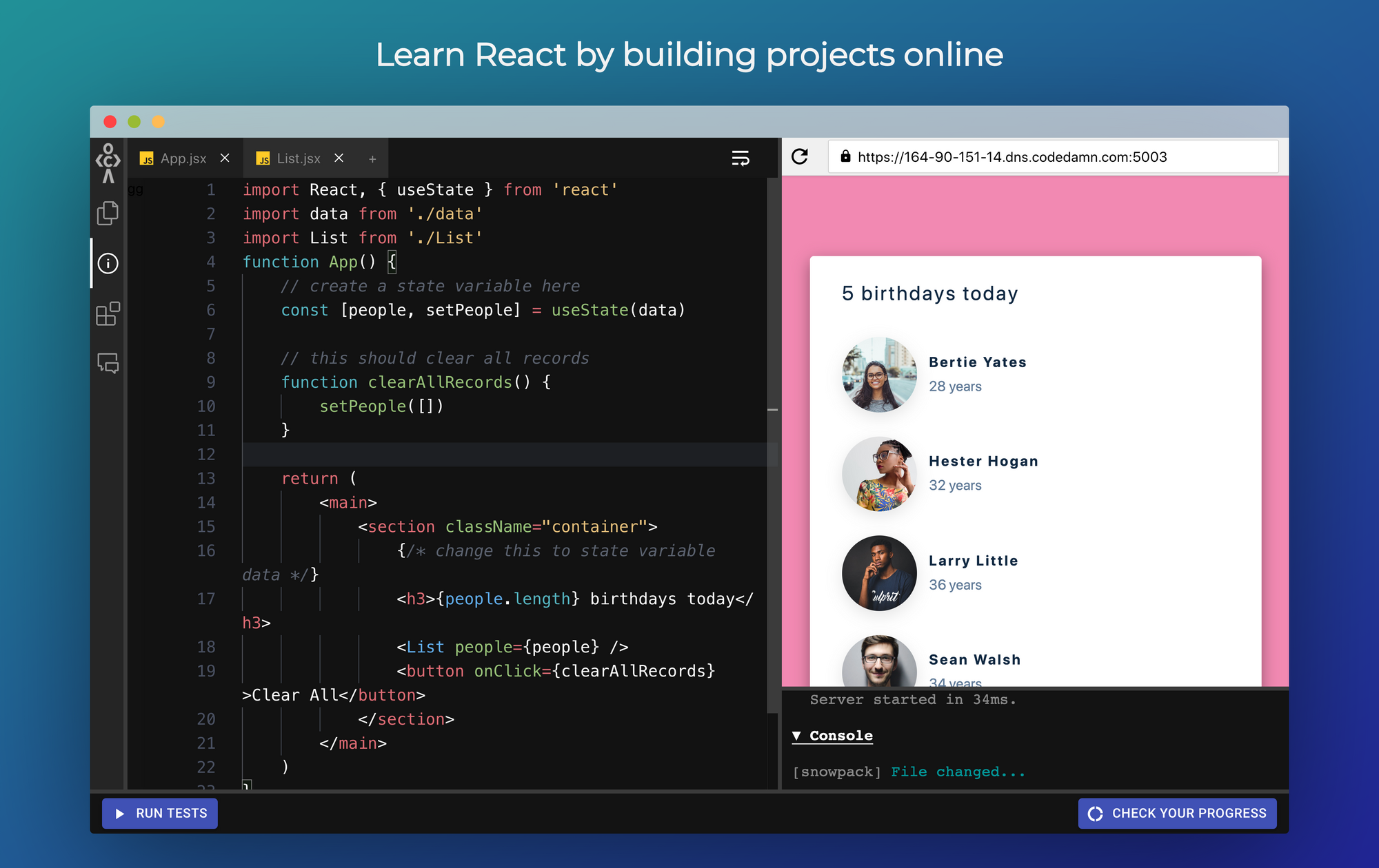Learn React.js by Building Projects – Create a Birthday Reminder App